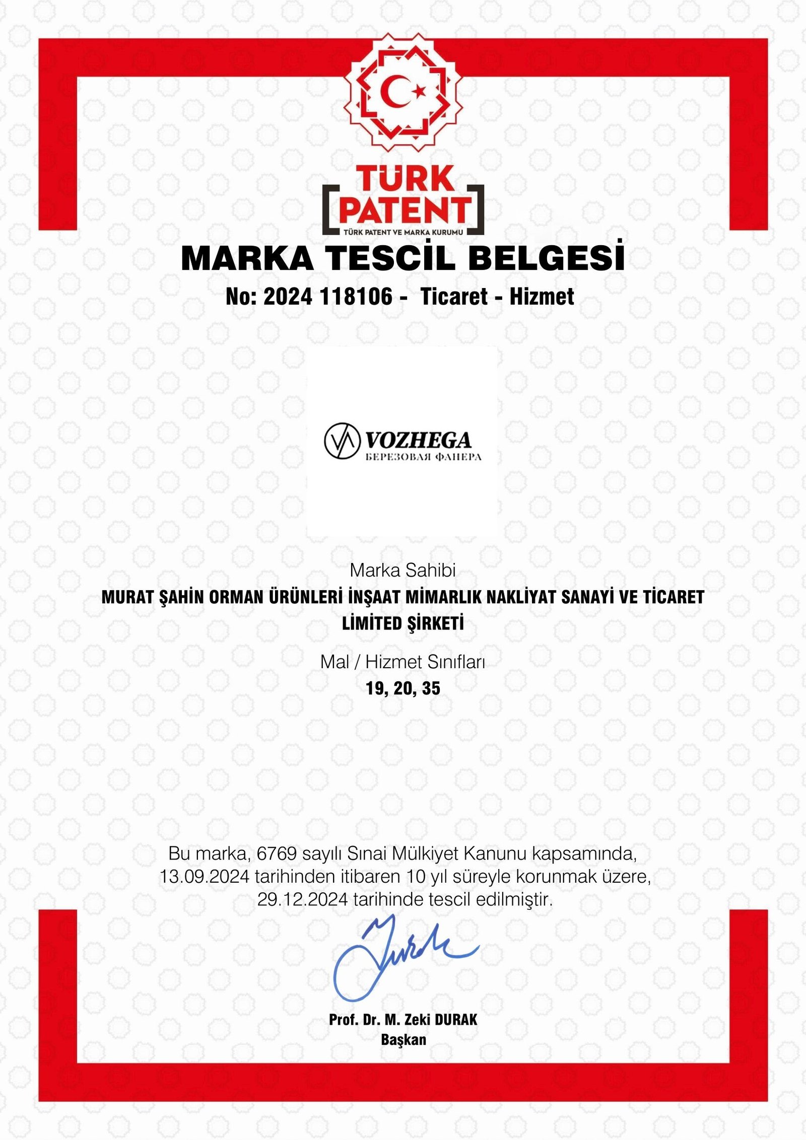 Marka Tescil Belgesi – VOZHEGA